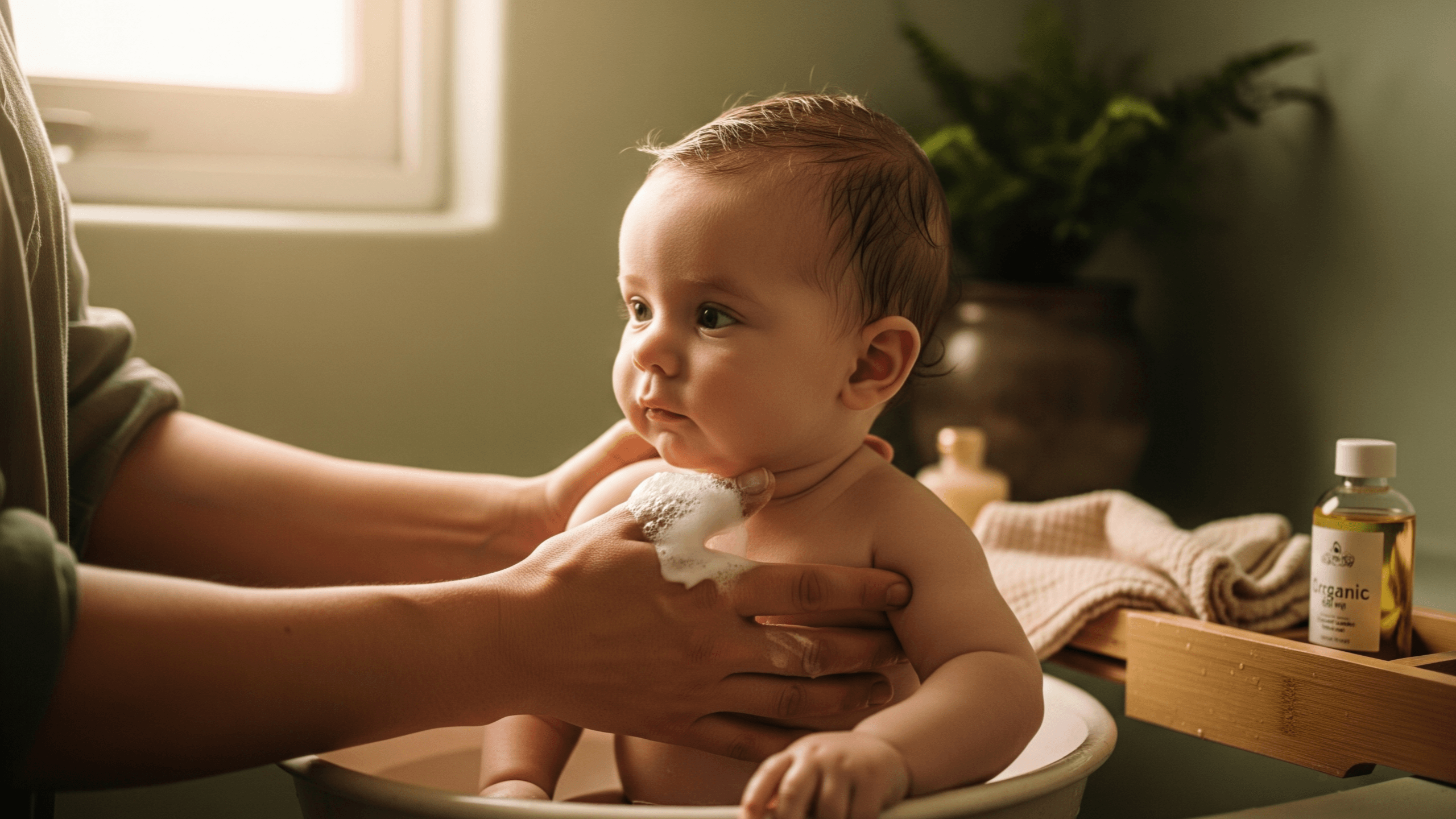 Gentle hands wash a baby with organic soap in a natural bathroom.