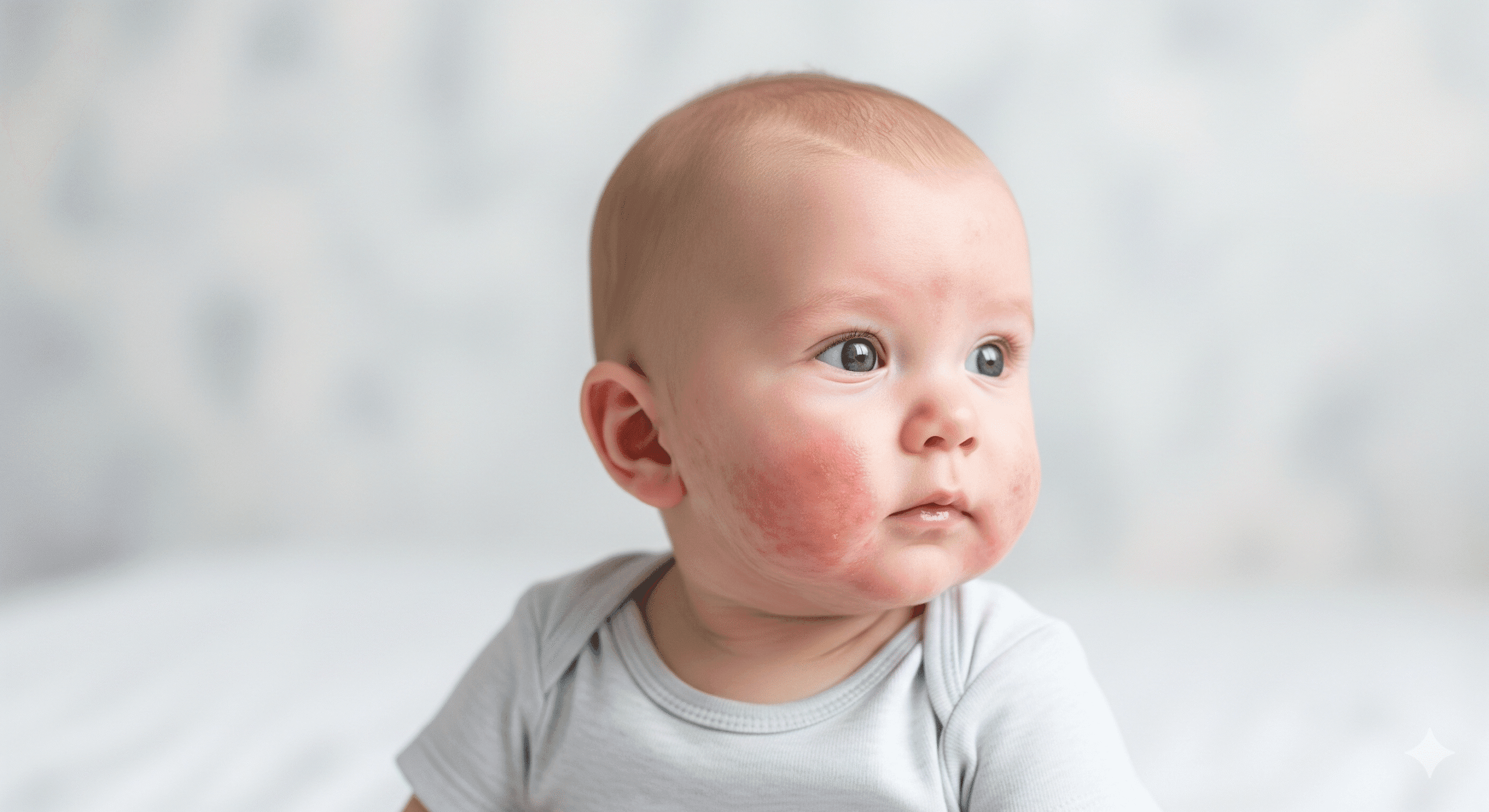 Close-up of baby’s face with red, dry eczema patches – best baby soap for eczema guide.