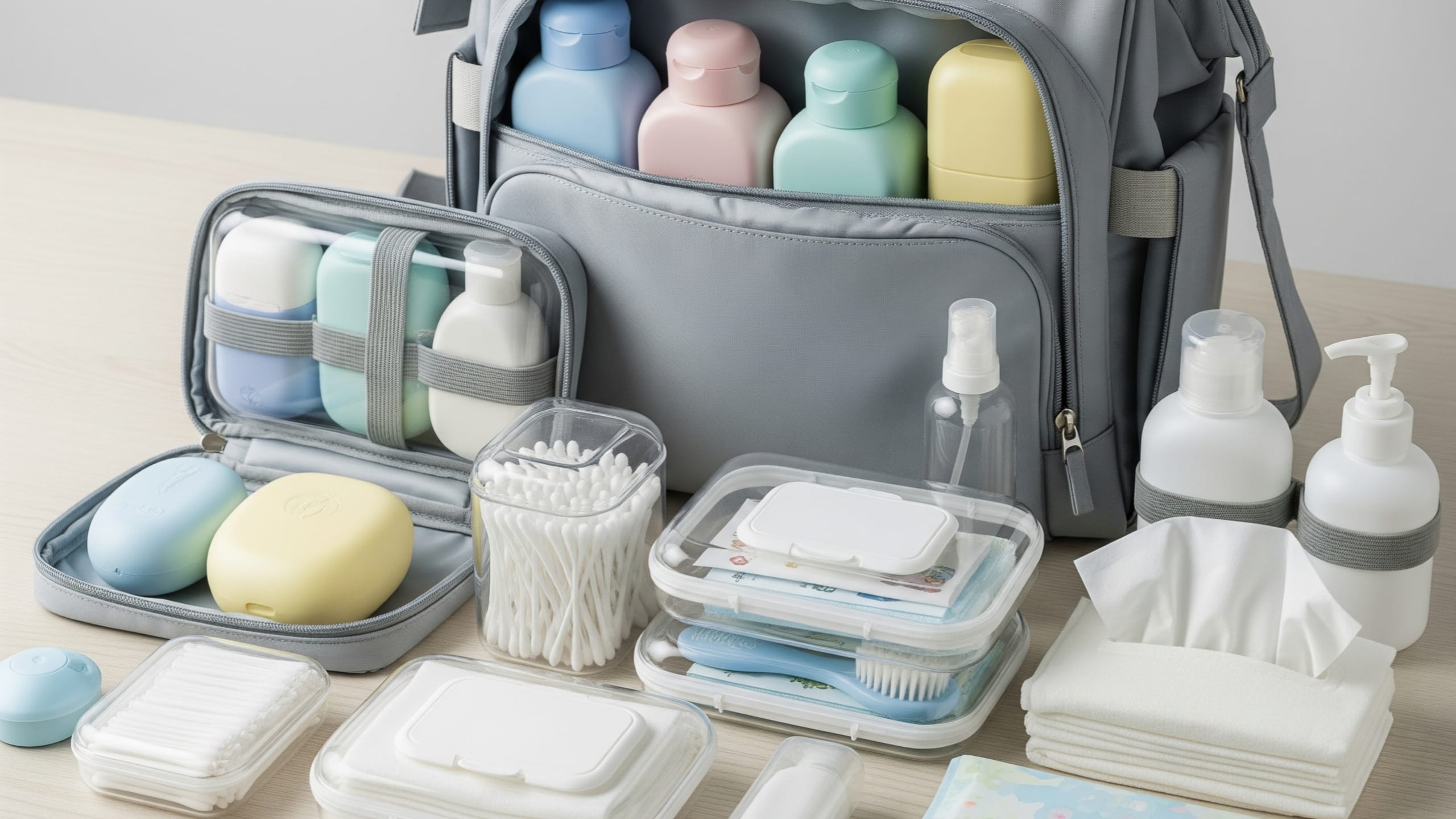 A neatly organized diaper bag is open on a clean surface, revealing baby hygiene and travel supplies including soap containers and travel cases.