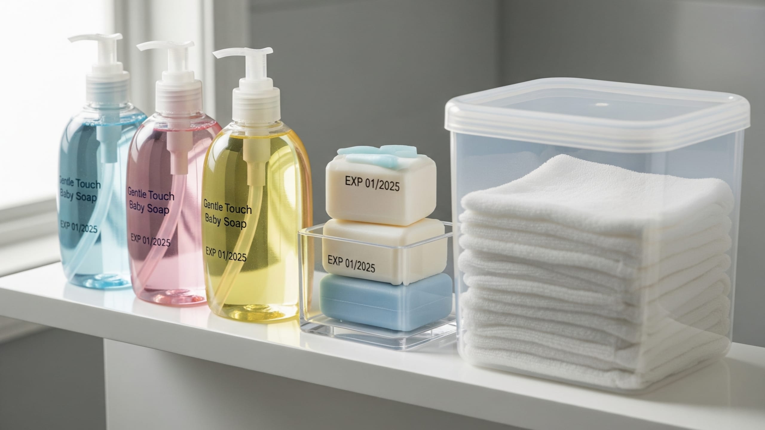 A clean bathroom shelf with organized baby soap bottles and bars, showing expiration dates, in soft natural light.
