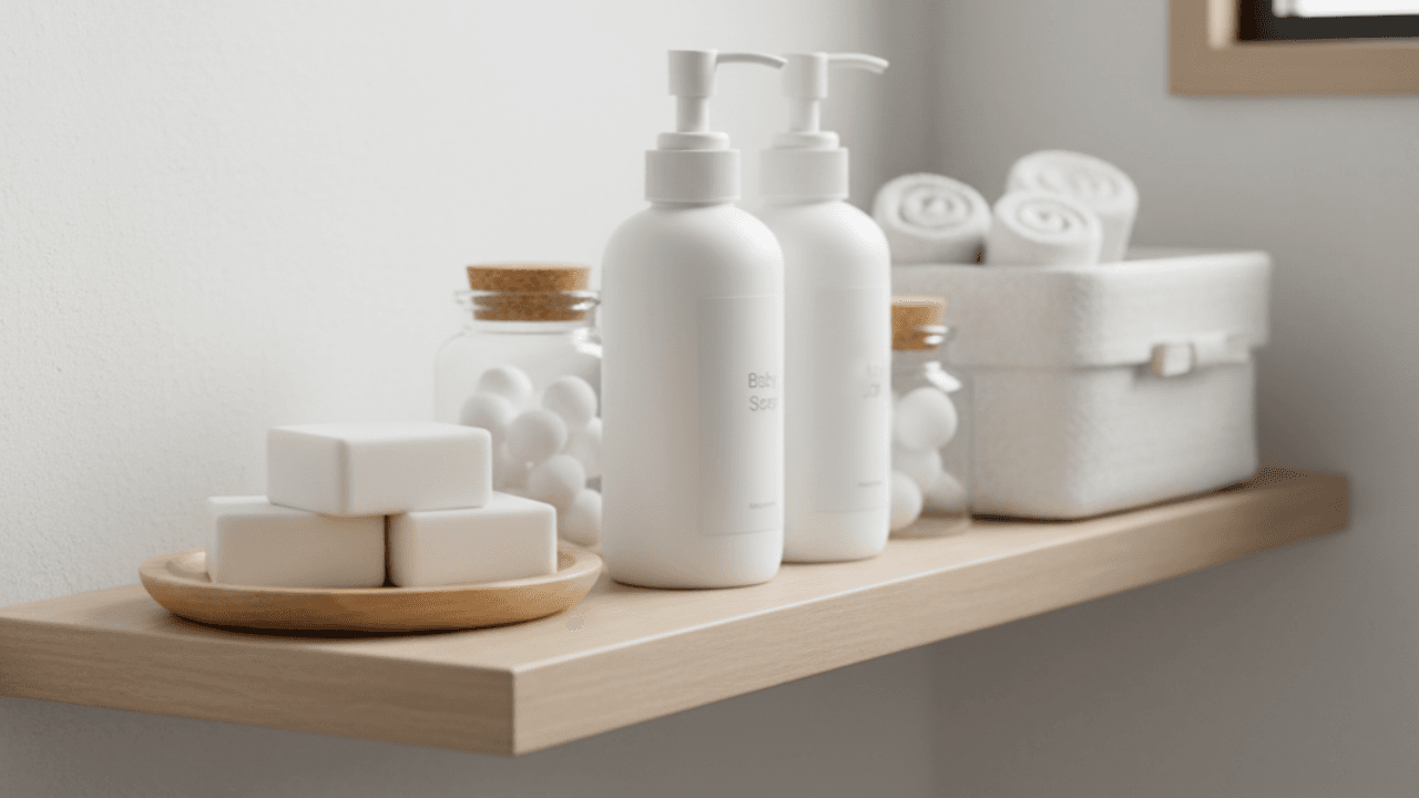 bathroom shelf with baby soap, white bottles, and organized toiletries in soft natural light.