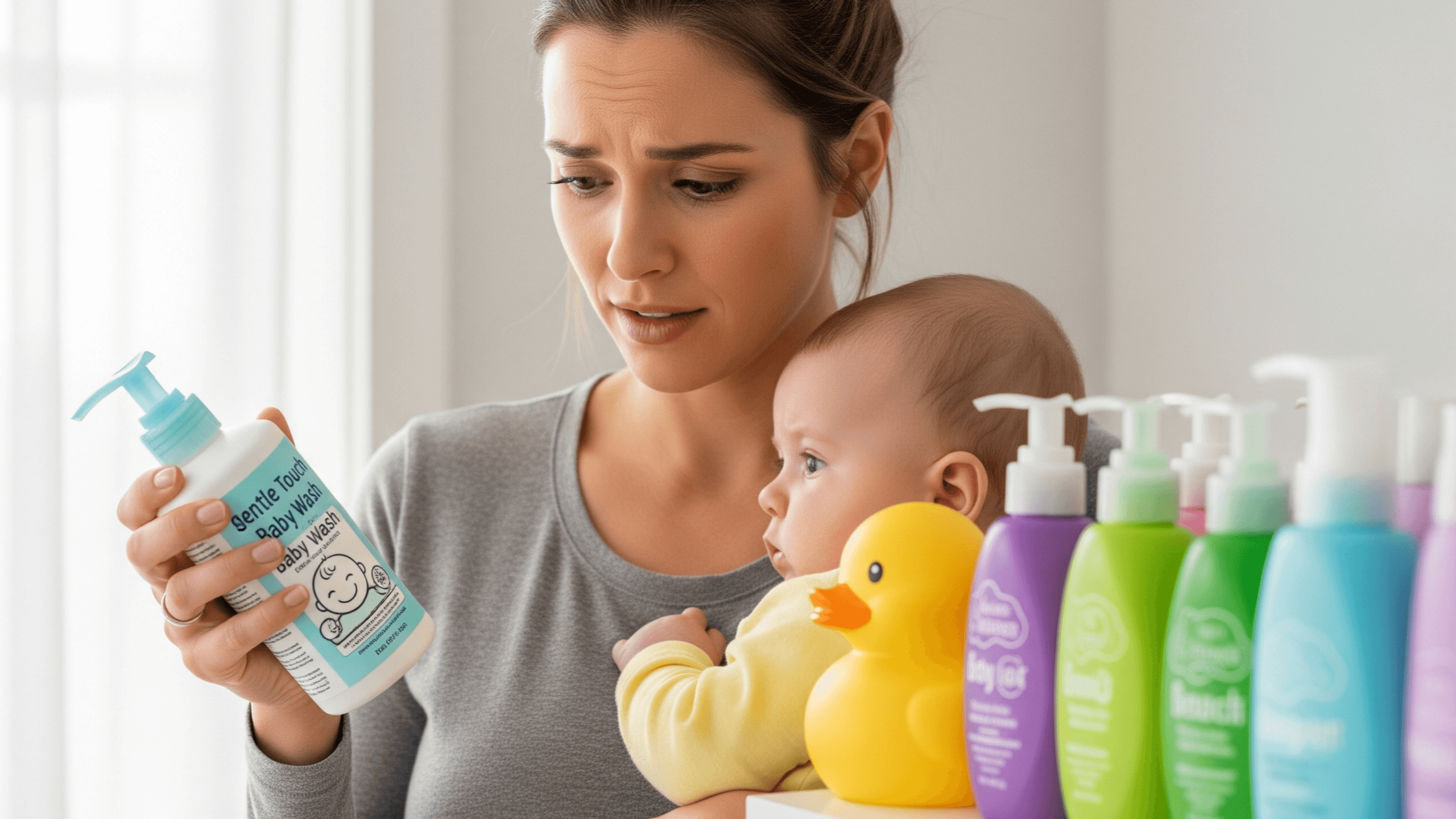 A concerned parent holds an infant while carefully reading the label on a baby soap bottle, with other colorful baby soaps out of focus in the background.
