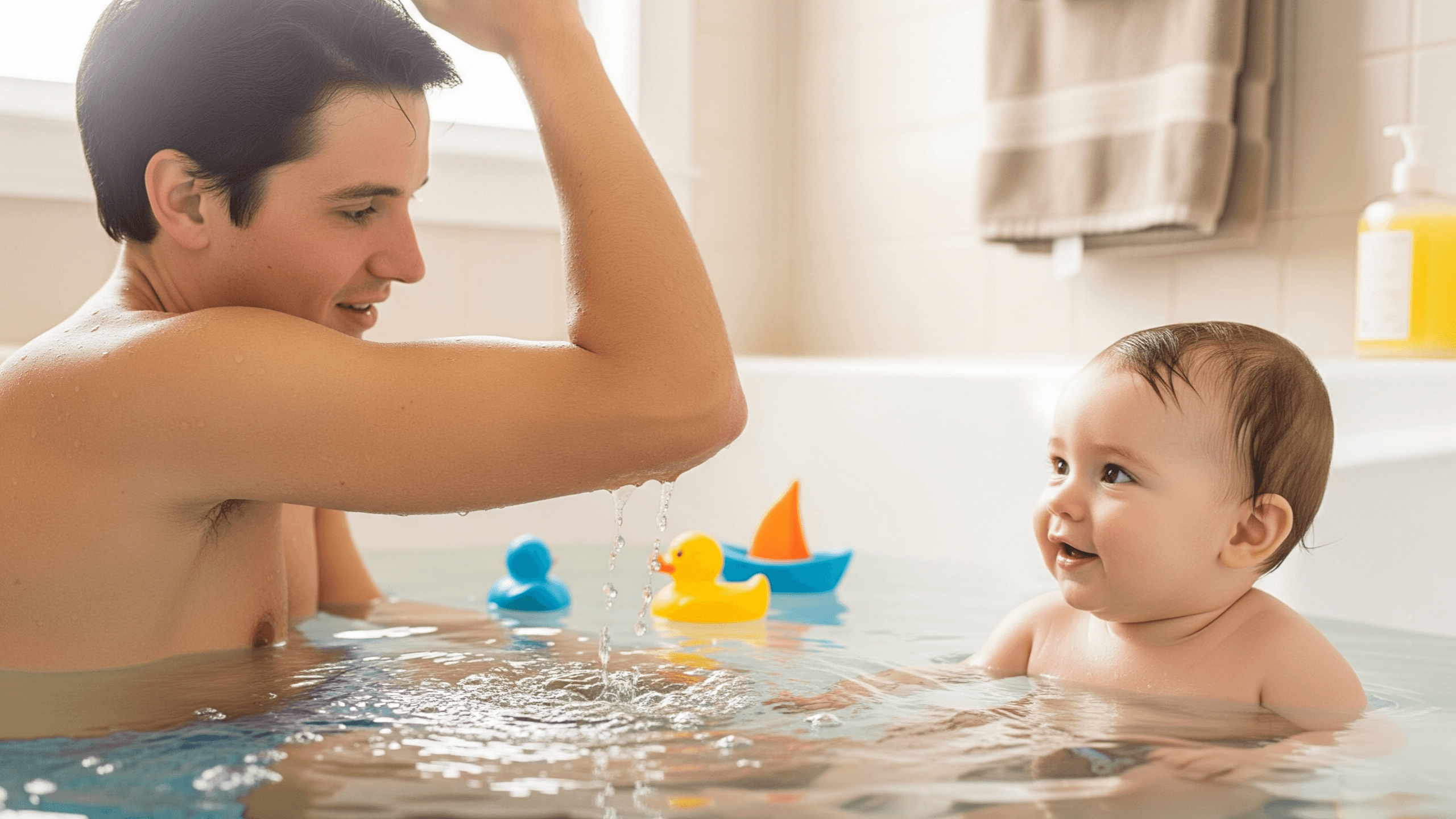 Parent testing bath water with elbow while baby sits in bath.