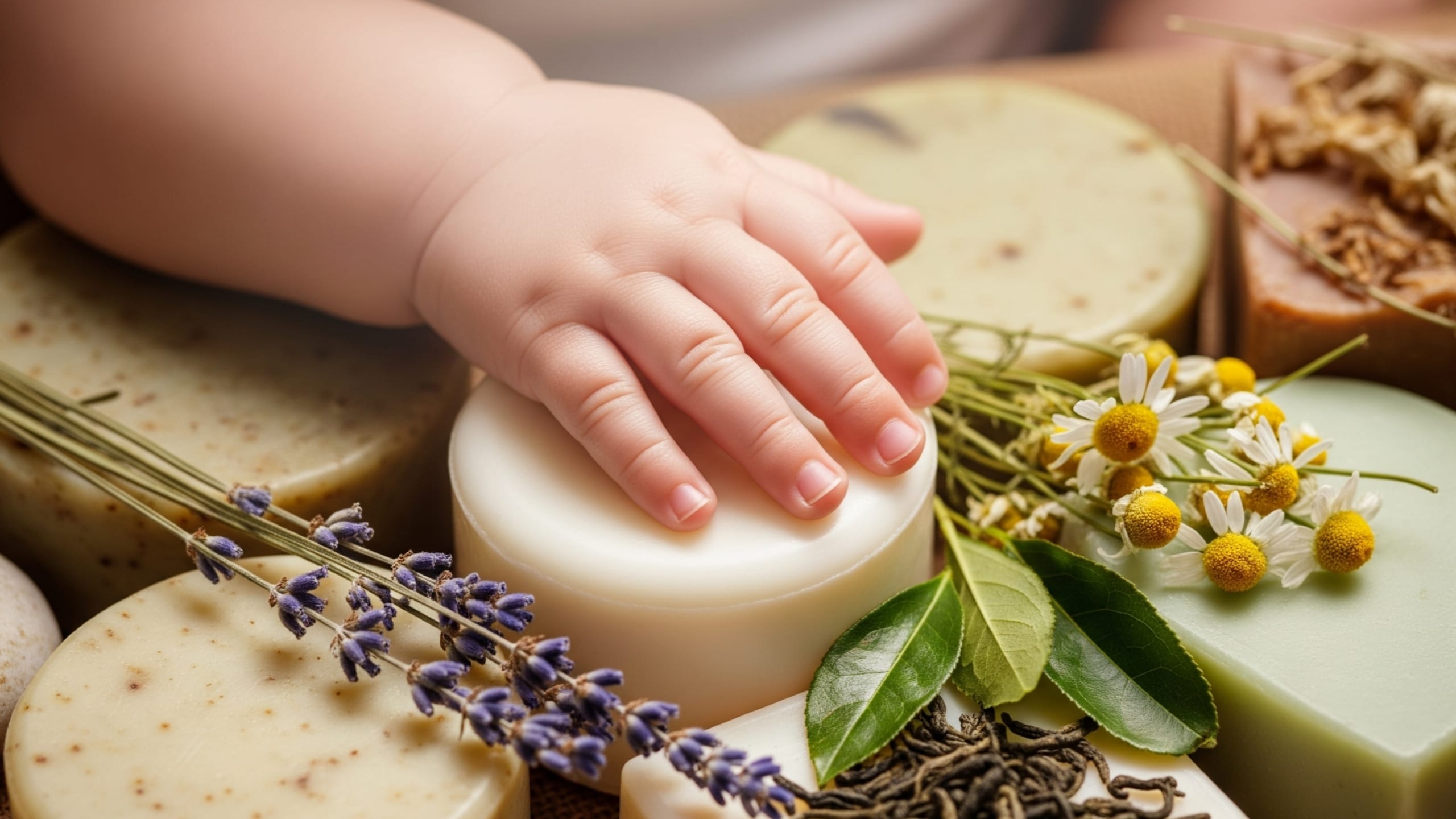 A baby's hand rests next to natural soap bars and plant ingredients, with soft lighting highlighting the delicate skin and organic materials.